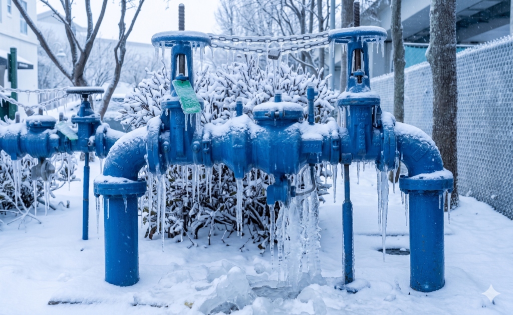 Unprotected backflow preventer frozen and covered in icicles