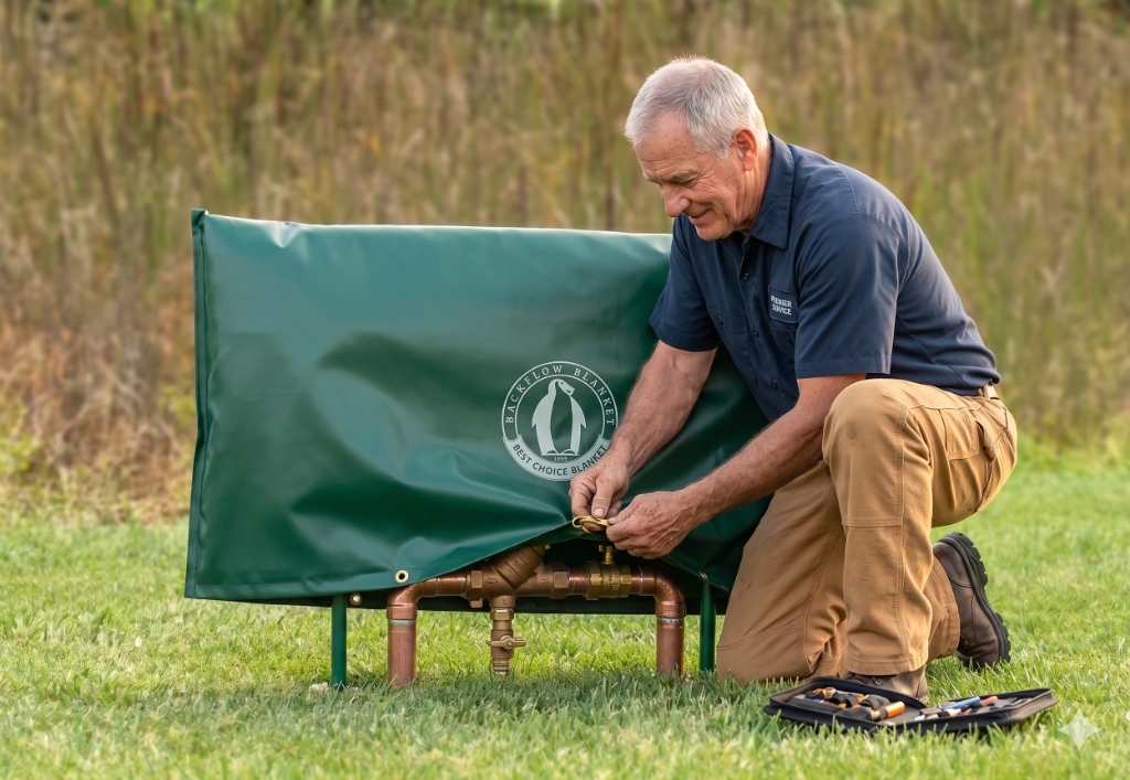 Man installing Backflow Blanket outdoors